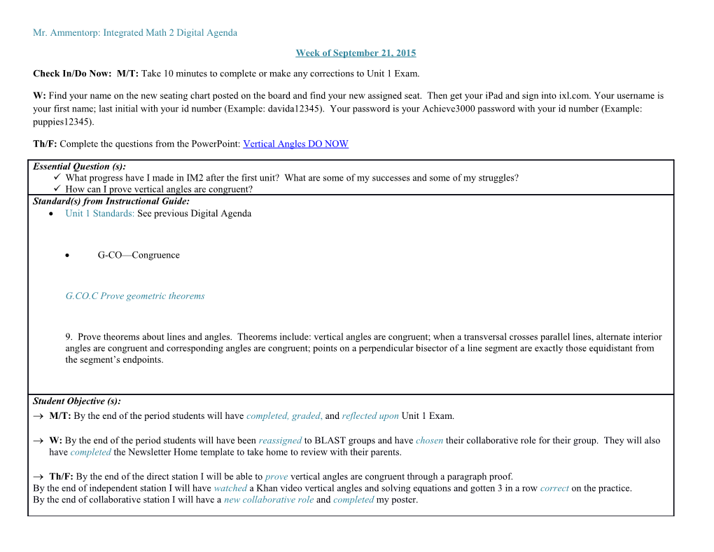 Mr. Ammentorp: Integrated Math 2 Digital Agenda