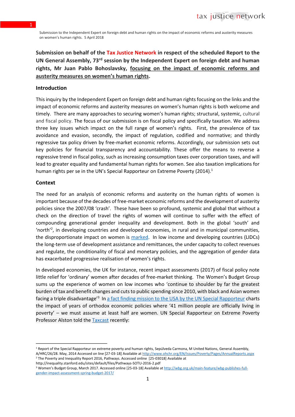 Submission to the Independent Expert on Foreign Debt and Human Rights on the Impact of Economic Reforms and Austerity Measures on Women’S Human Rights