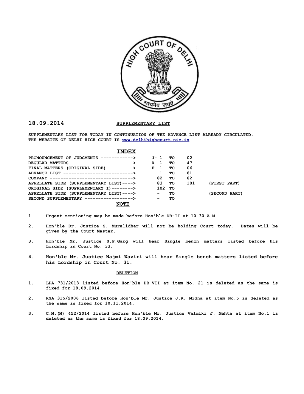 SUPPLEMENTARY LIST 4. Hon'ble Mr. Justice Najmi Waziri Will Hear Single Bench Matters Listed Before His Lordship in Court No. 31