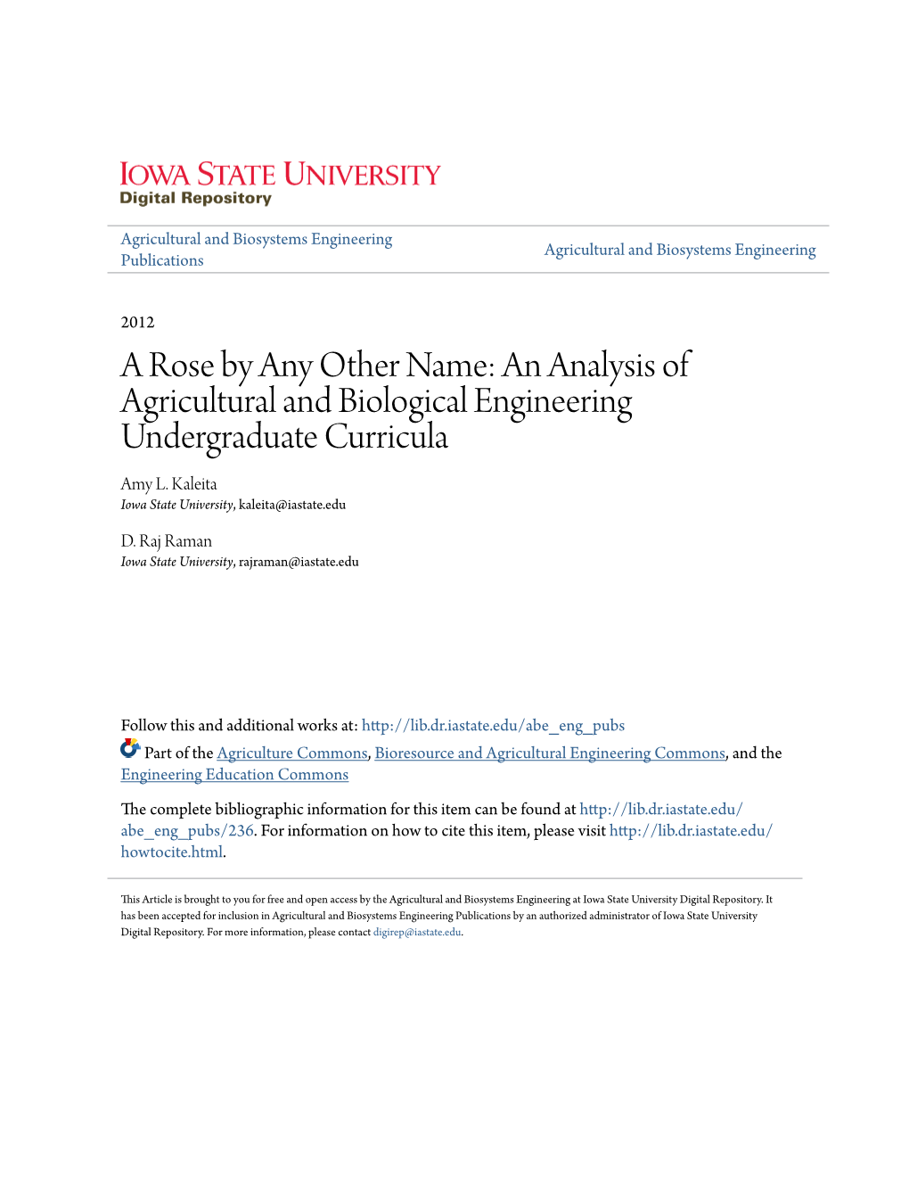 An Analysis of Agricultural and Biological Engineering Undergraduate Curricula Amy L