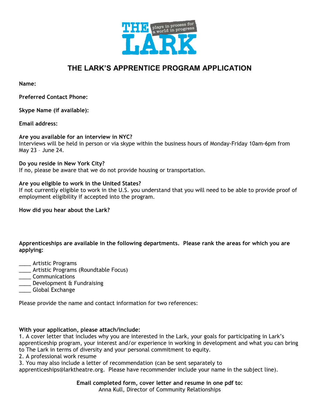 The Lark S Apprentice Program Application