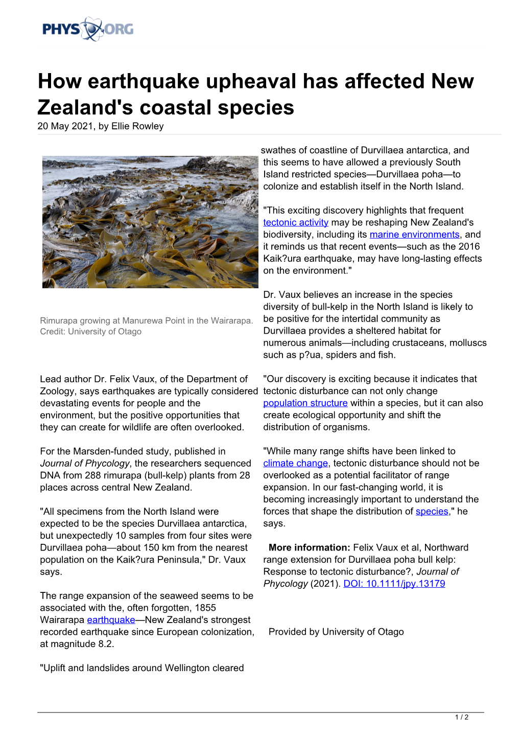 How Earthquake Upheaval Has Affected New Zealand's Coastal Species 20 May 2021, by Ellie Rowley