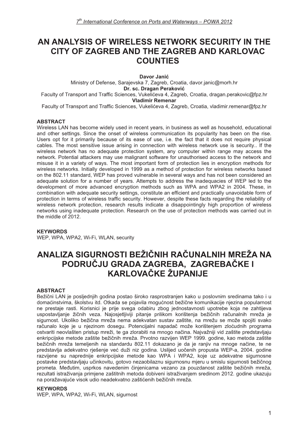 An Analysis of Wireless Network Security in the City of Zagreb and the Zagreb and Karlovac Counties