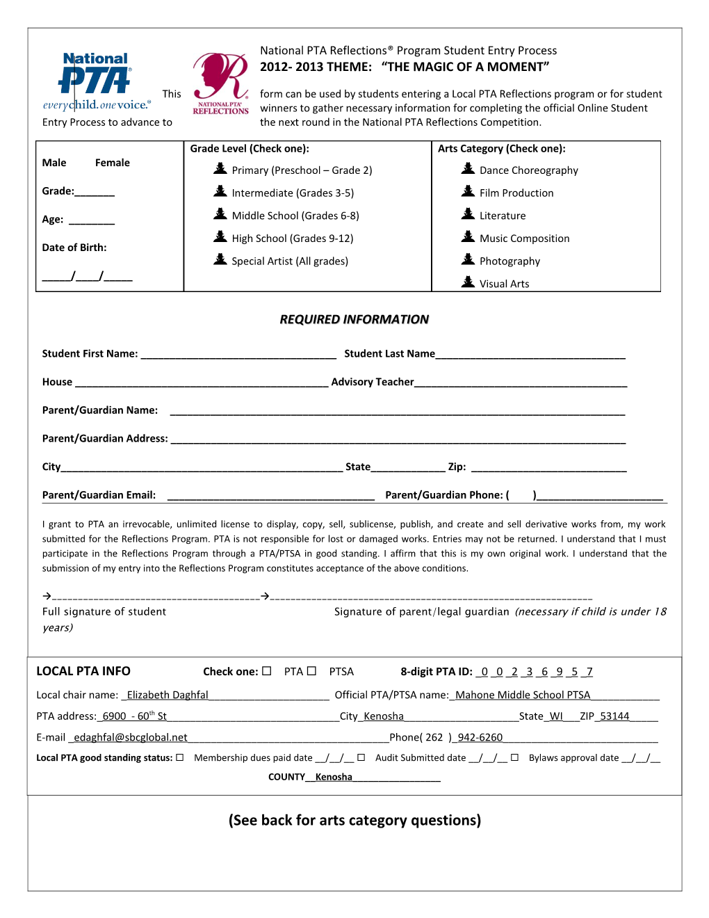 National PTA Reflections Program Student Entry Process