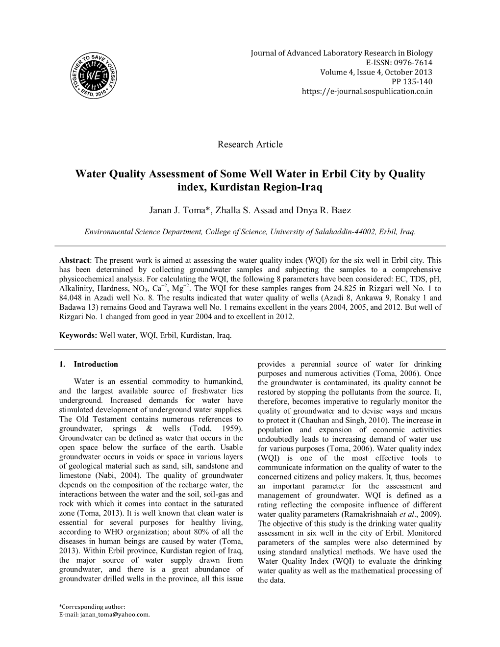 Water Quality Assessment of Some Well Water in Erbil City by Quality Index, Kurdistan Region-Iraq