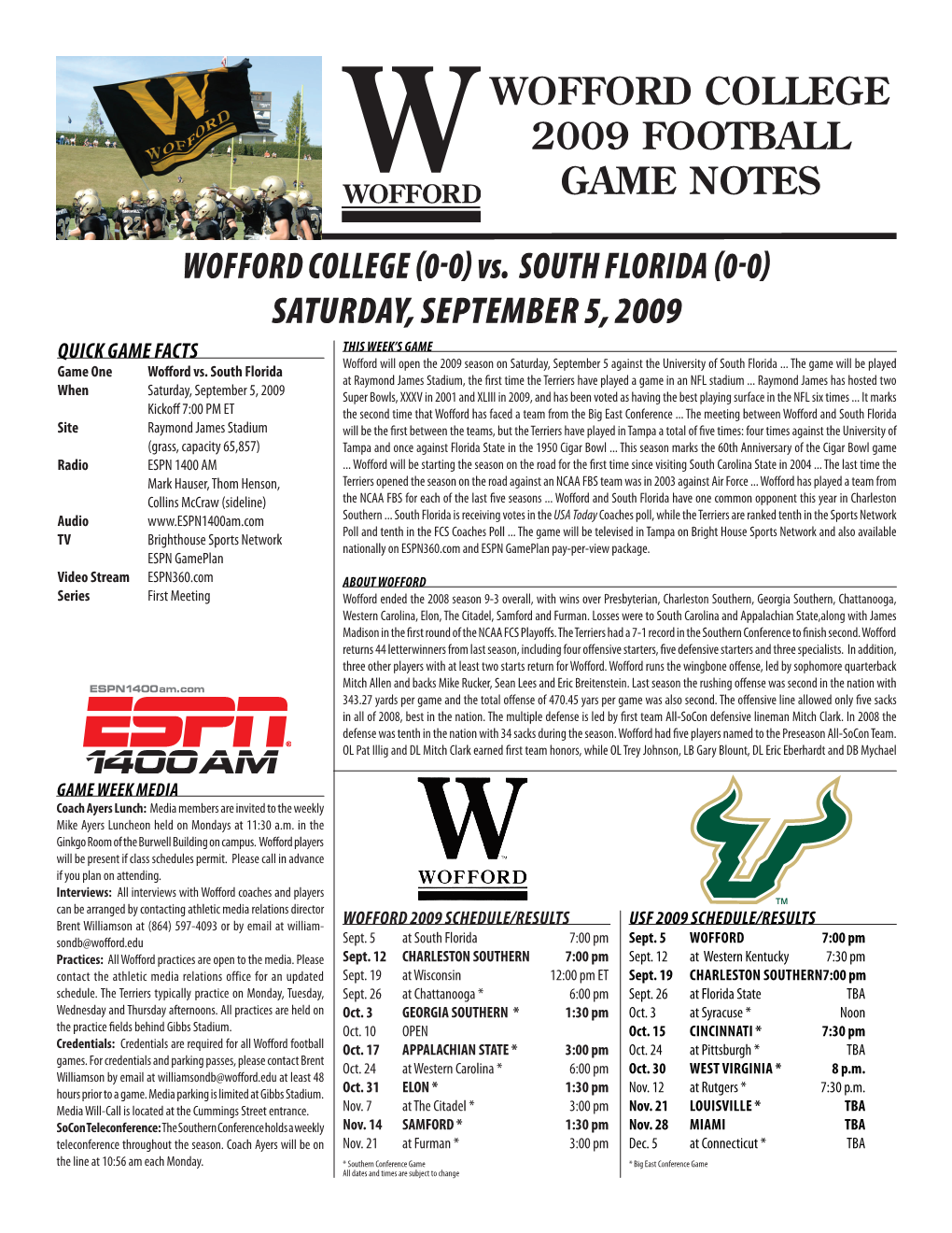 WOFFORD COLLEGE 2009 FOOTBALL GAME NOTES Wofford