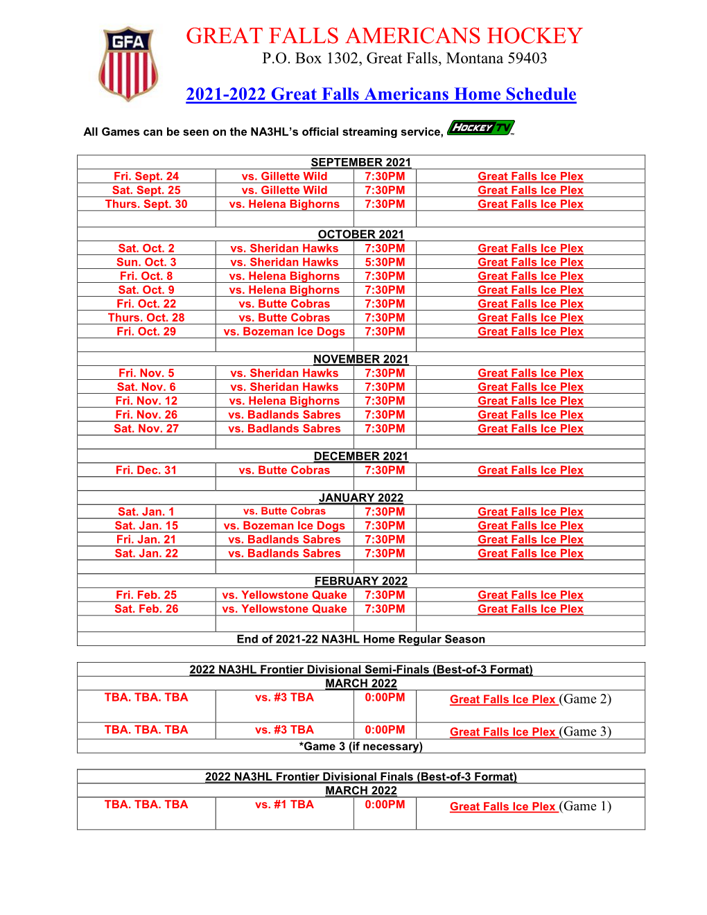 2021-22 Great Falls Americans Home Game Schedule