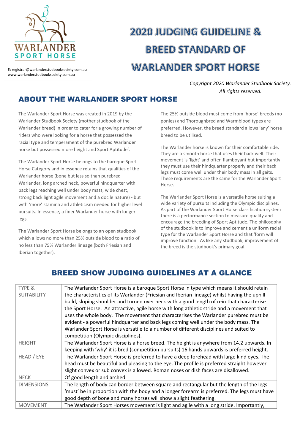 DOWNLOAD Warlander Sport Horse Breed Standard & Judging Guideline