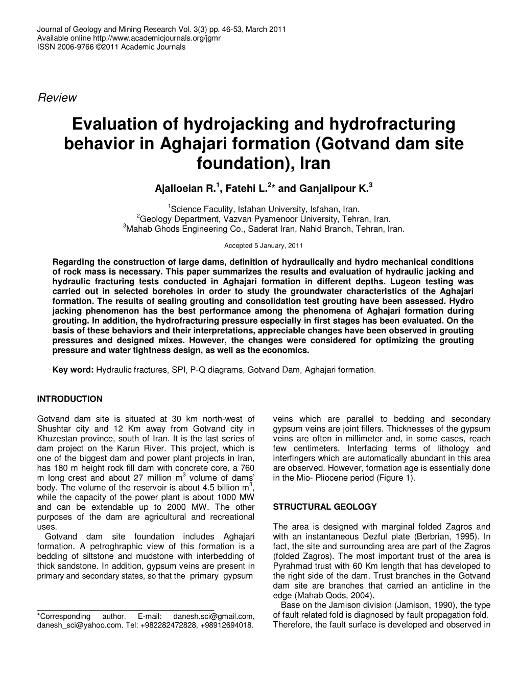 Evaluation of Hydrojacking and Hydrofracturing Behavior in Aghajari Formation (Gotvand Dam Site Foundation), Iran