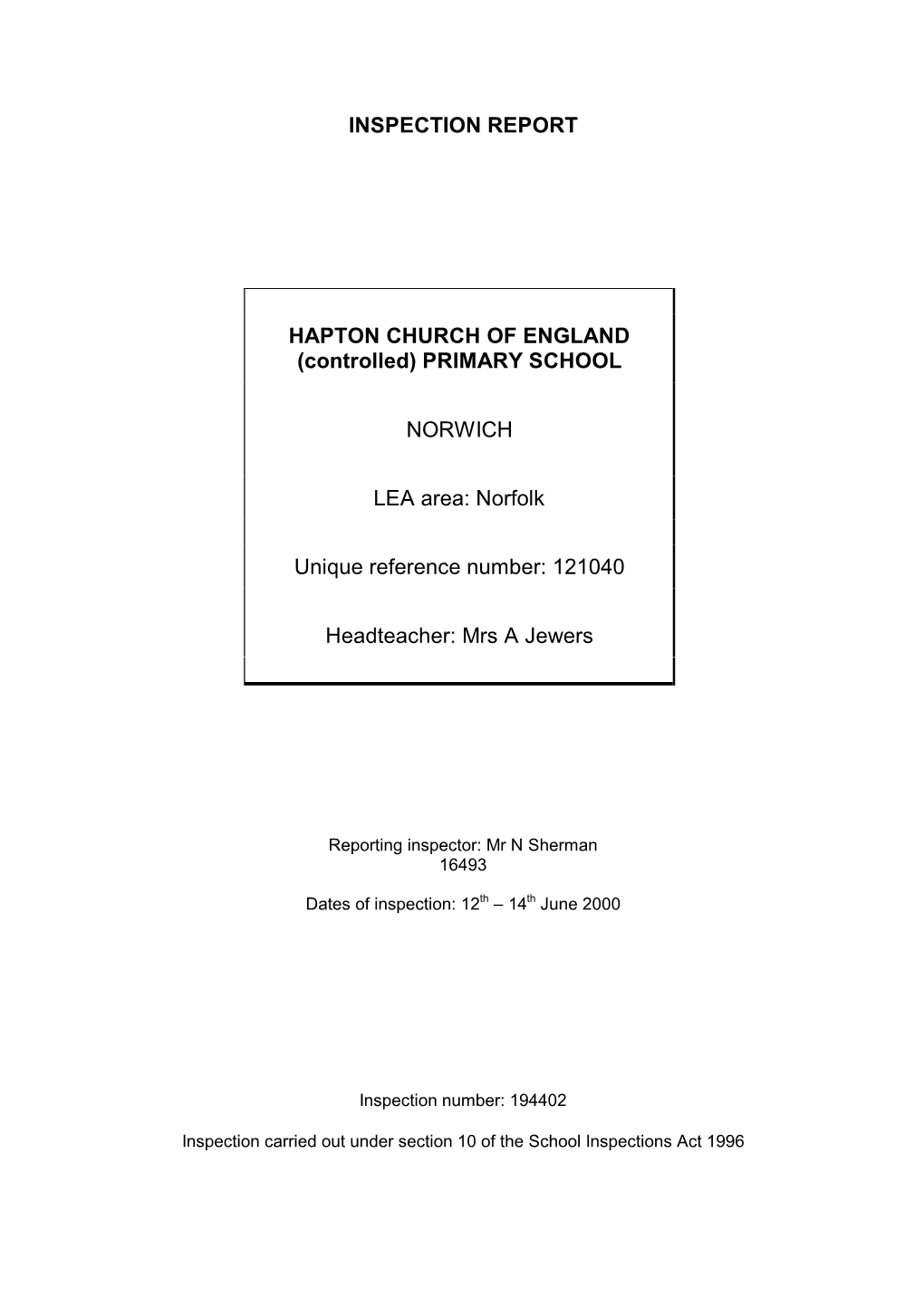 Inspection Report Hapton Church of England