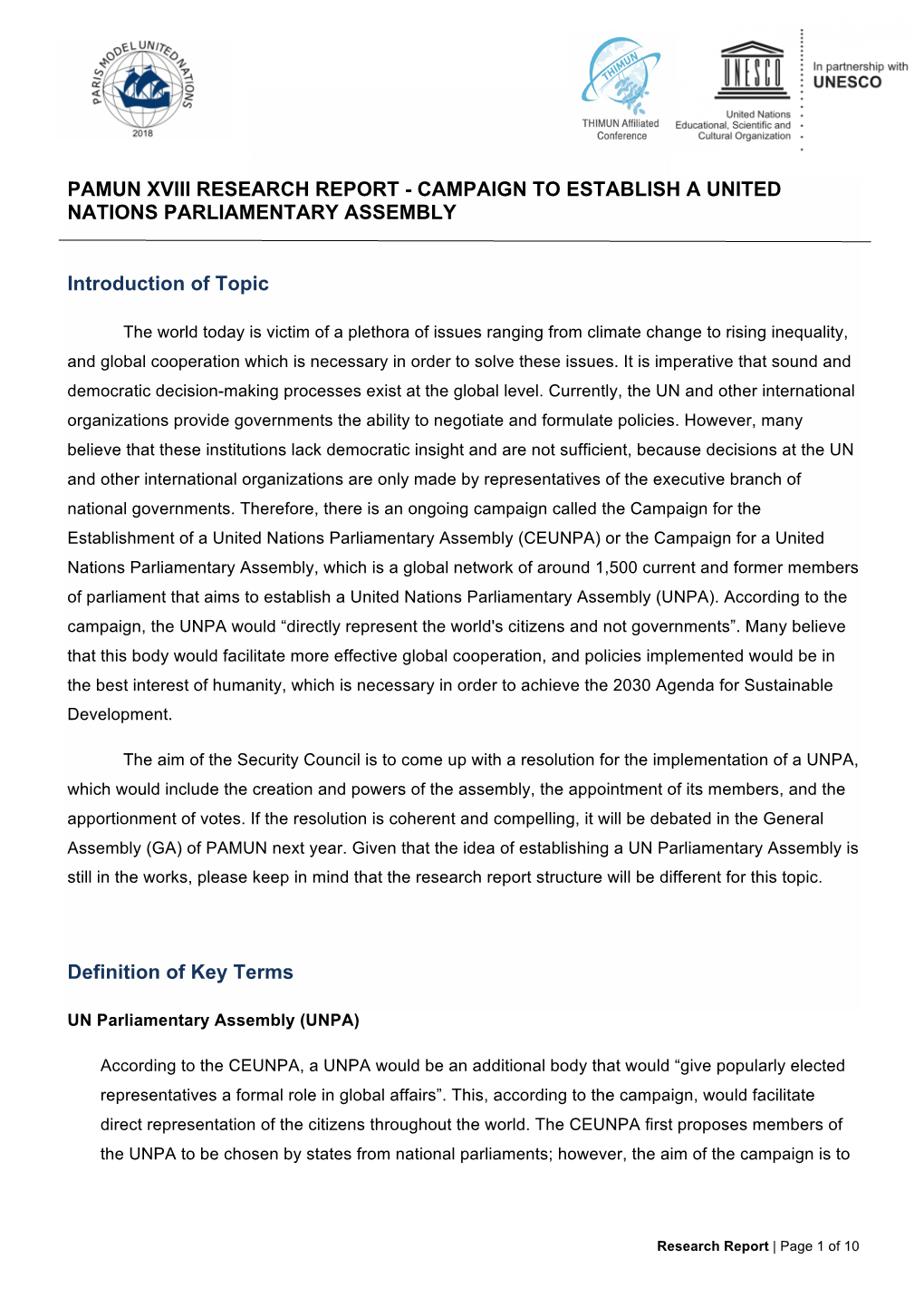 Pamun Xviii Research Report - Campaign to Establish a United Nations Parliamentary Assembly