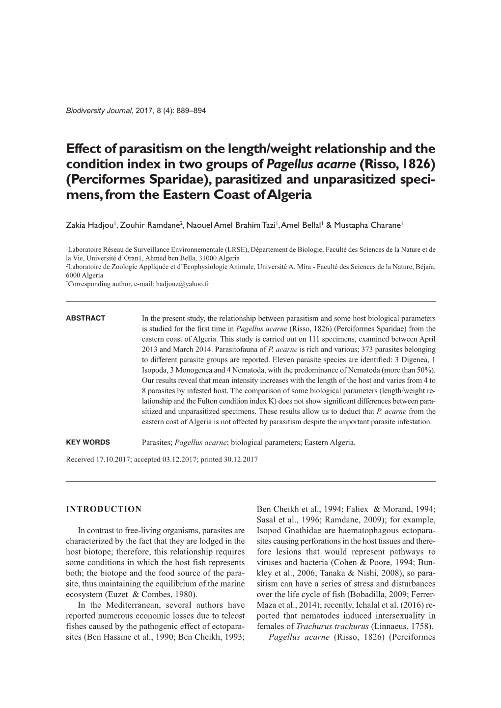 Effect of Parasitism on the Length/Weight