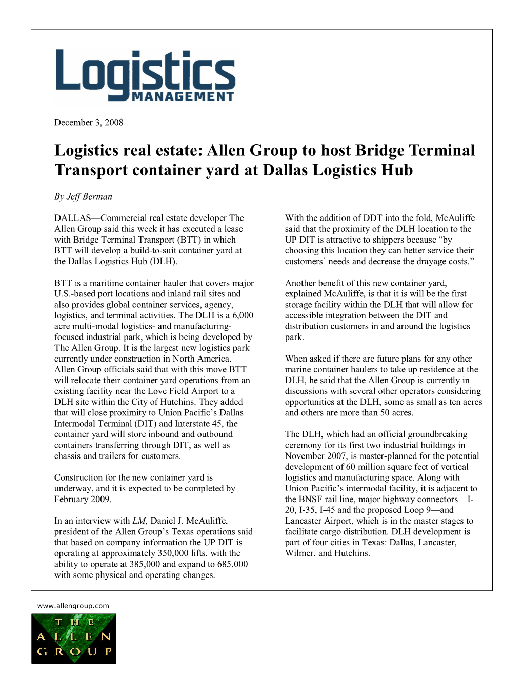 Logistics Real Estate: Allen Group to Host Bridge Terminal Transport Container Yard at Dallas Logistics Hub