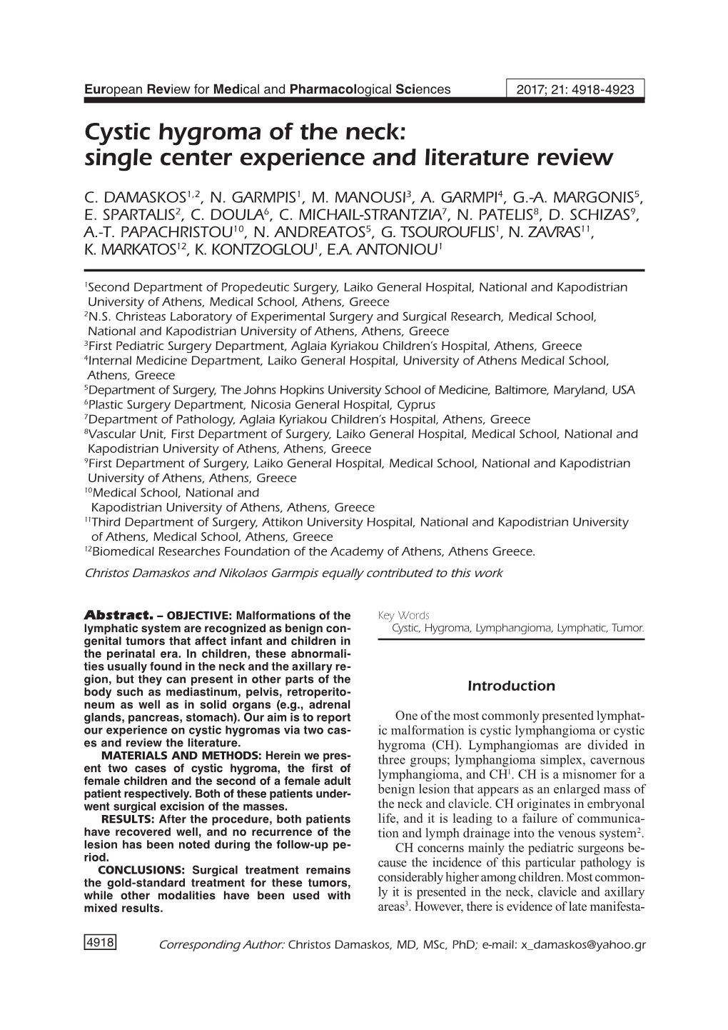 Cystic Hygroma of the Neck: Single Center Experience and Literature Review