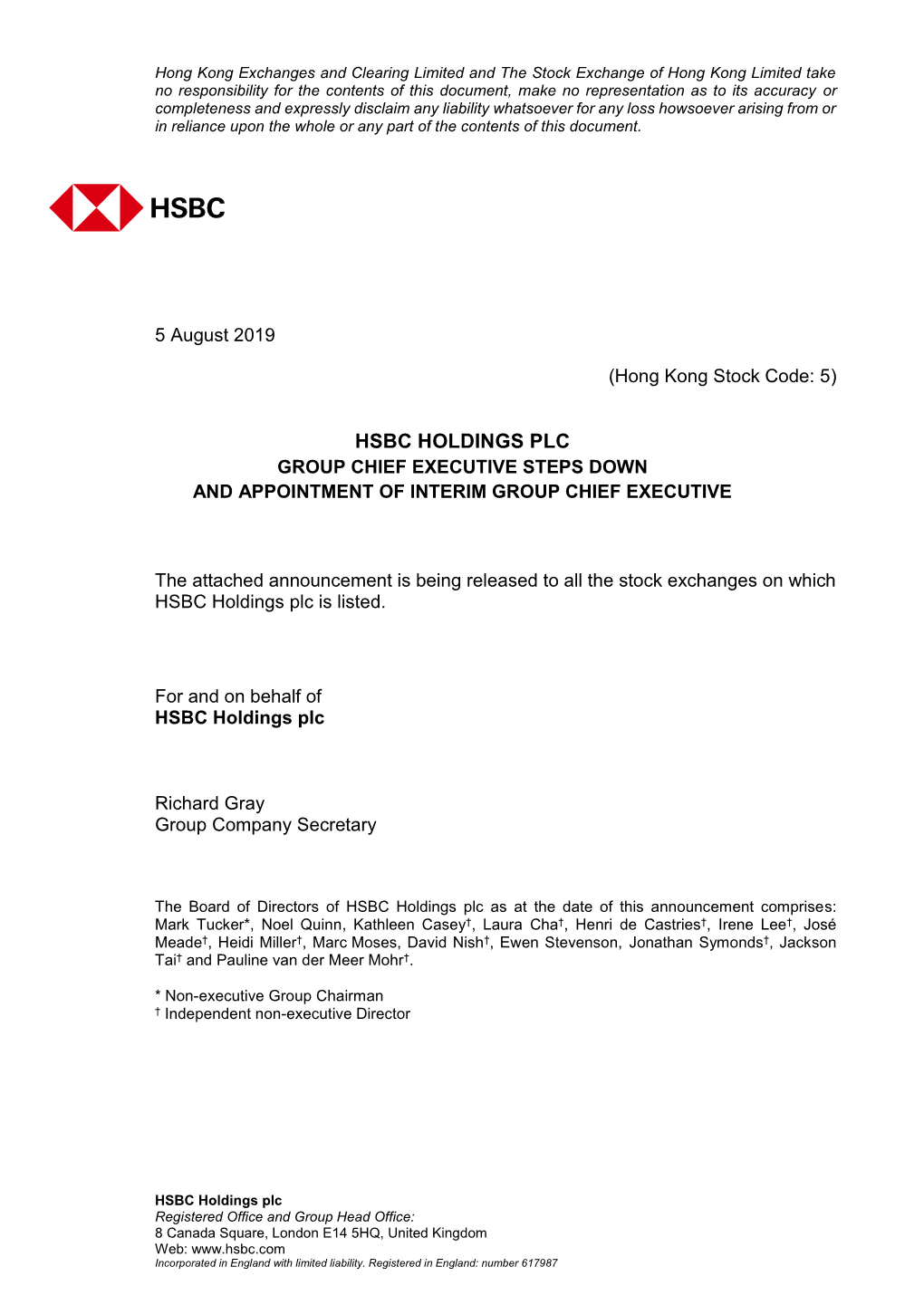 Hsbc Holdings Plc Group Chief Executive Steps Down and Appointment of Interim Group Chief Executive