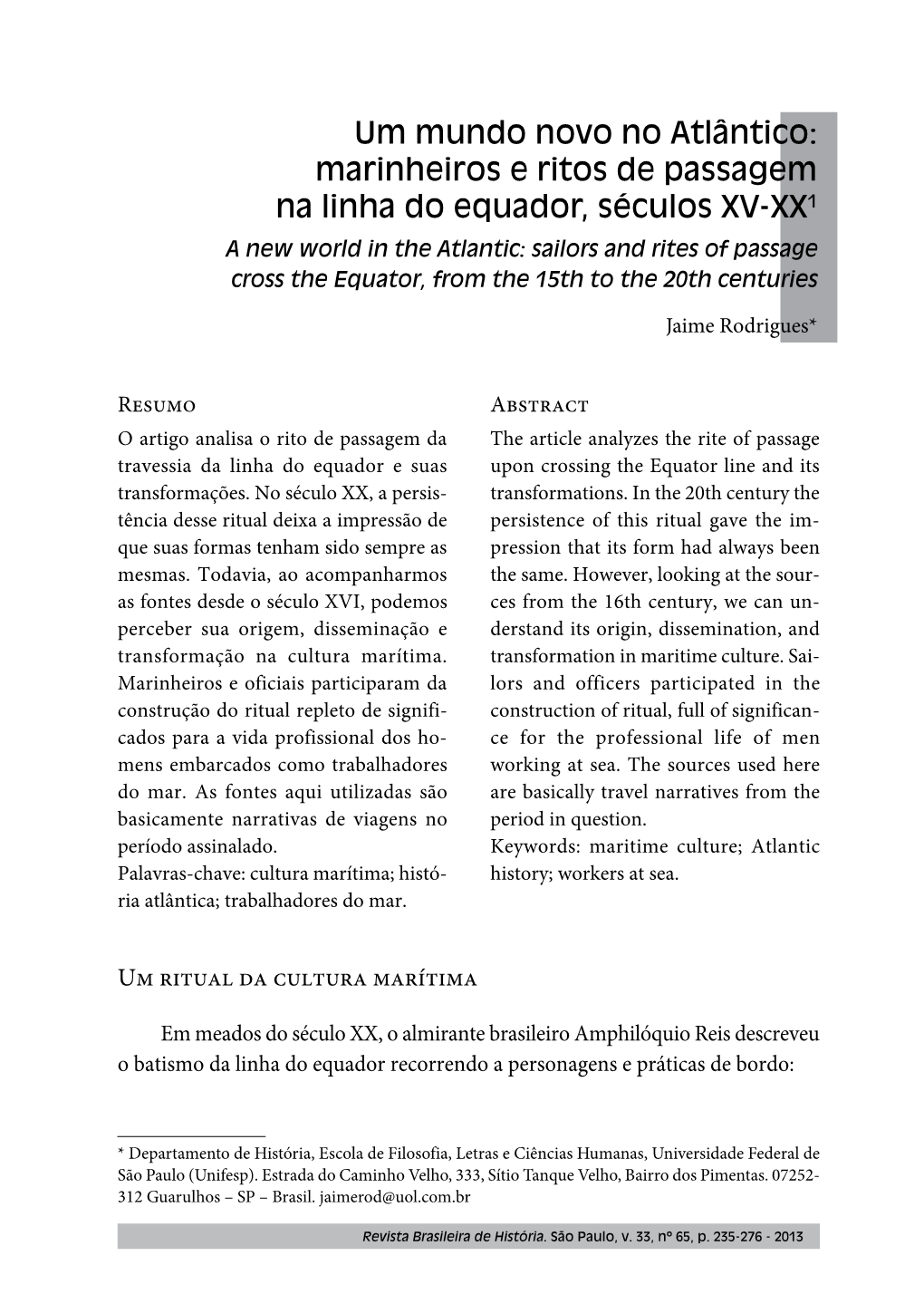 Marinheiros E Ritos De Passagem Na Linha Do Equador, Séculos XV-XX1