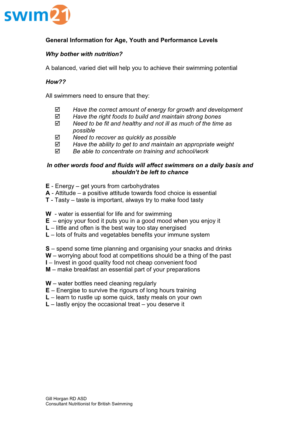 General Information for Age, Youth and Performance Levels