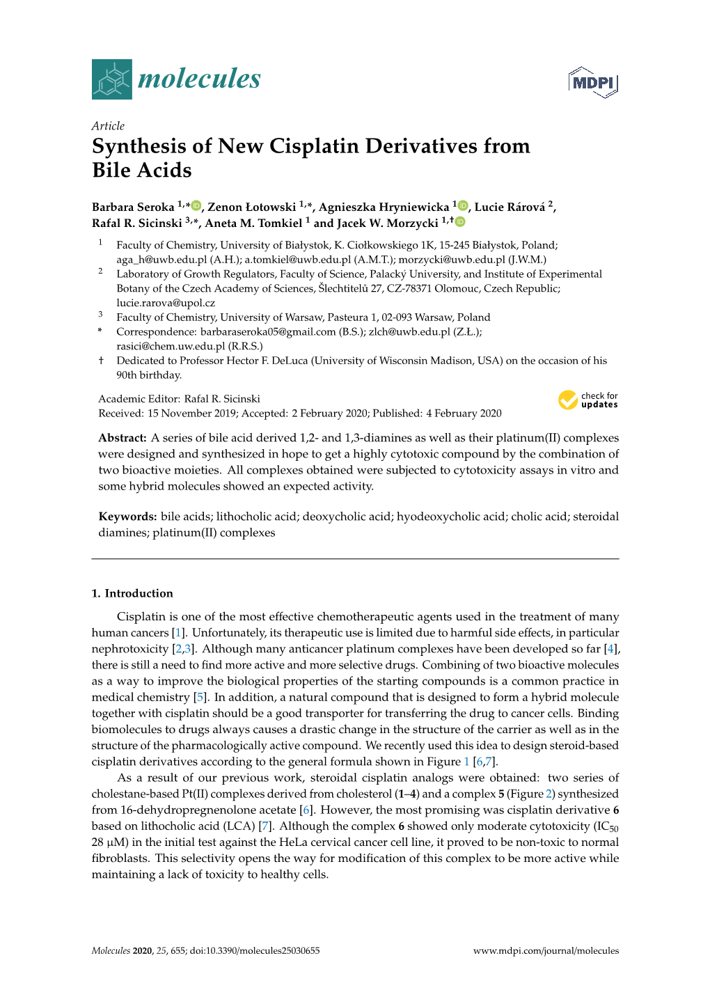 Synthesis of New Cisplatin Derivatives from Bile Acids