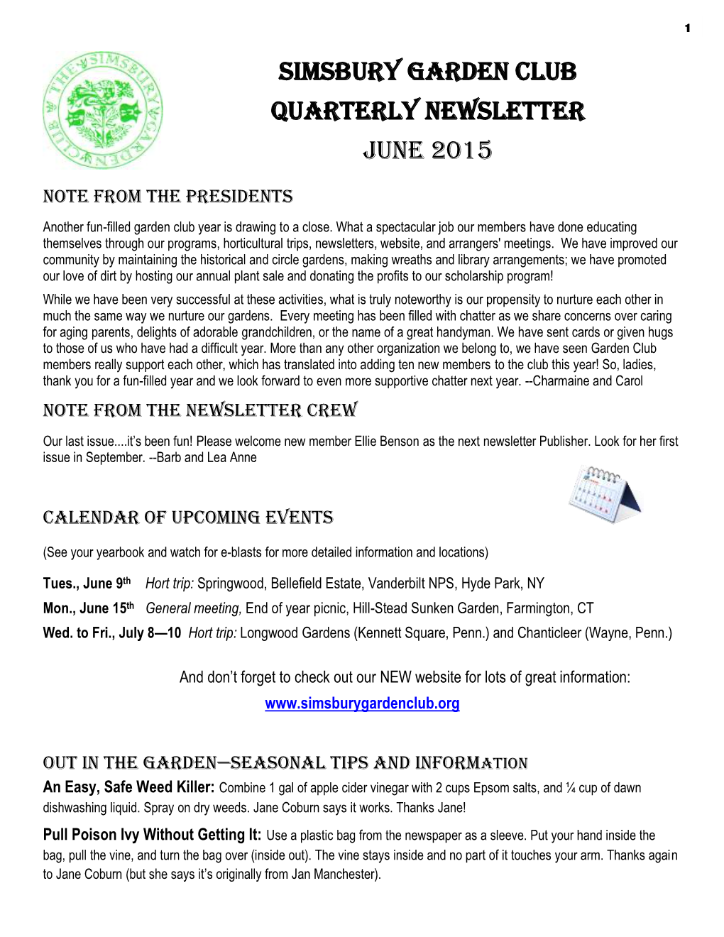 Simsbury Garden Club Quarterly Newsletter JUNE 2015