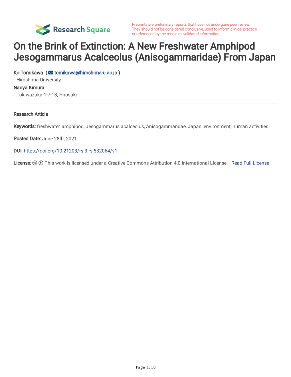 On the Brink of Extinction: a New Freshwater Amphipod Jesogammarus Acalceolus (Anisogammaridae) from Japan