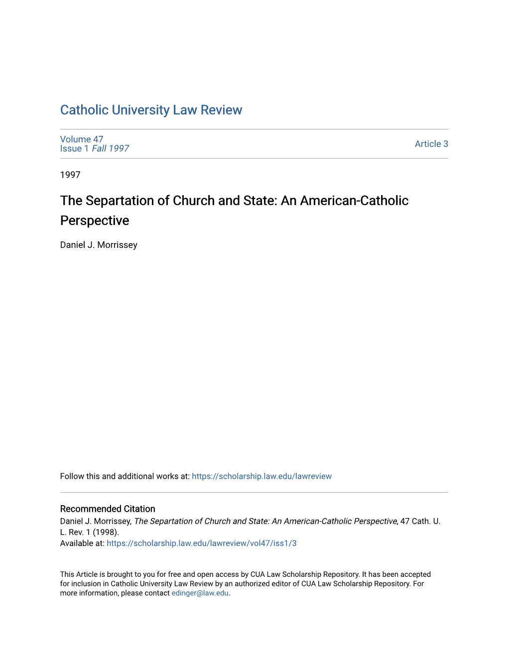 The Separtation of Church and State: an American-Catholic Perspective