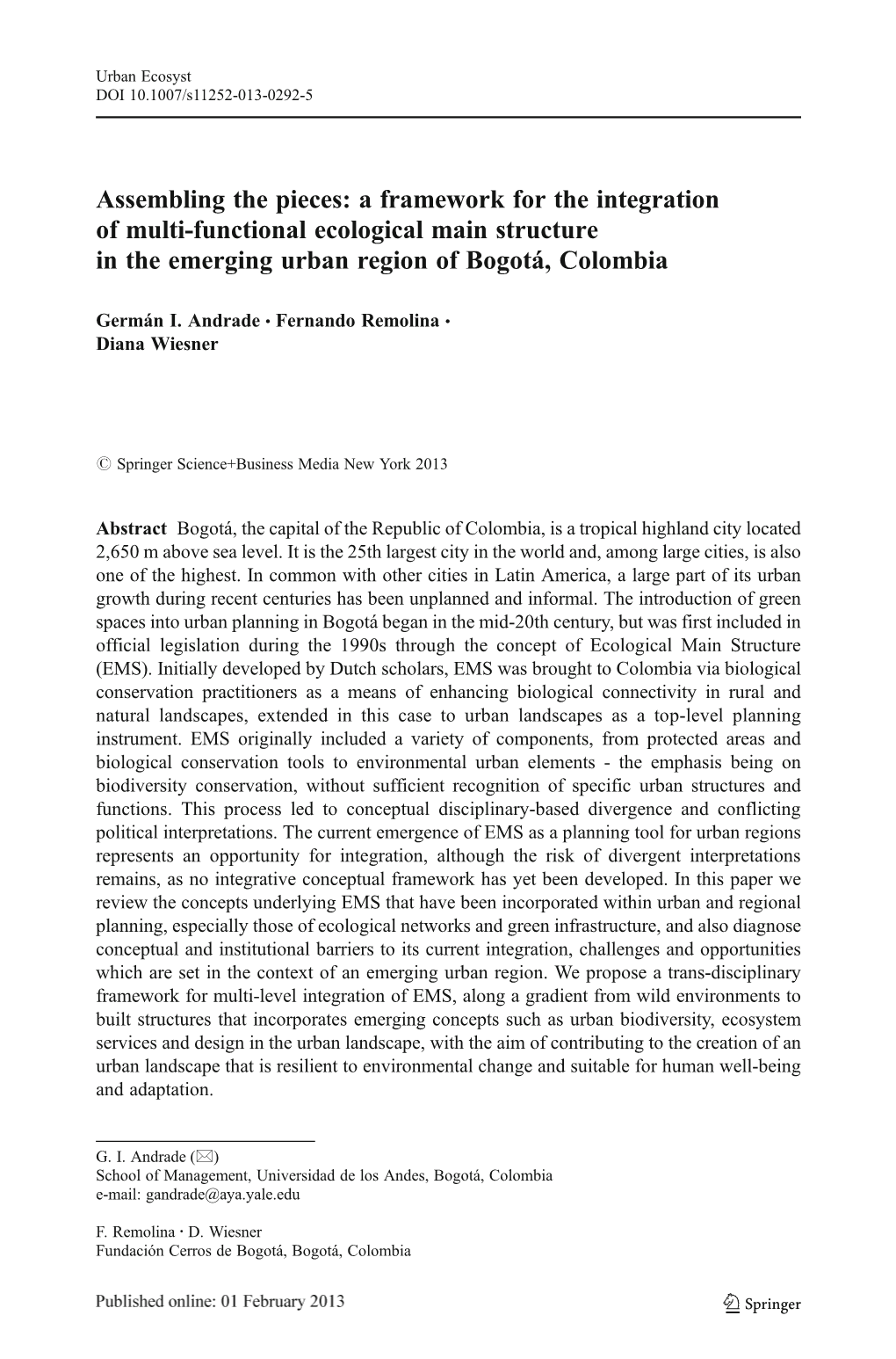 Assembling the Pieces: a Framework for the Integration of Multi-Functional Ecological Main Structure in the Emerging Urban Region of Bogotá, Colombia