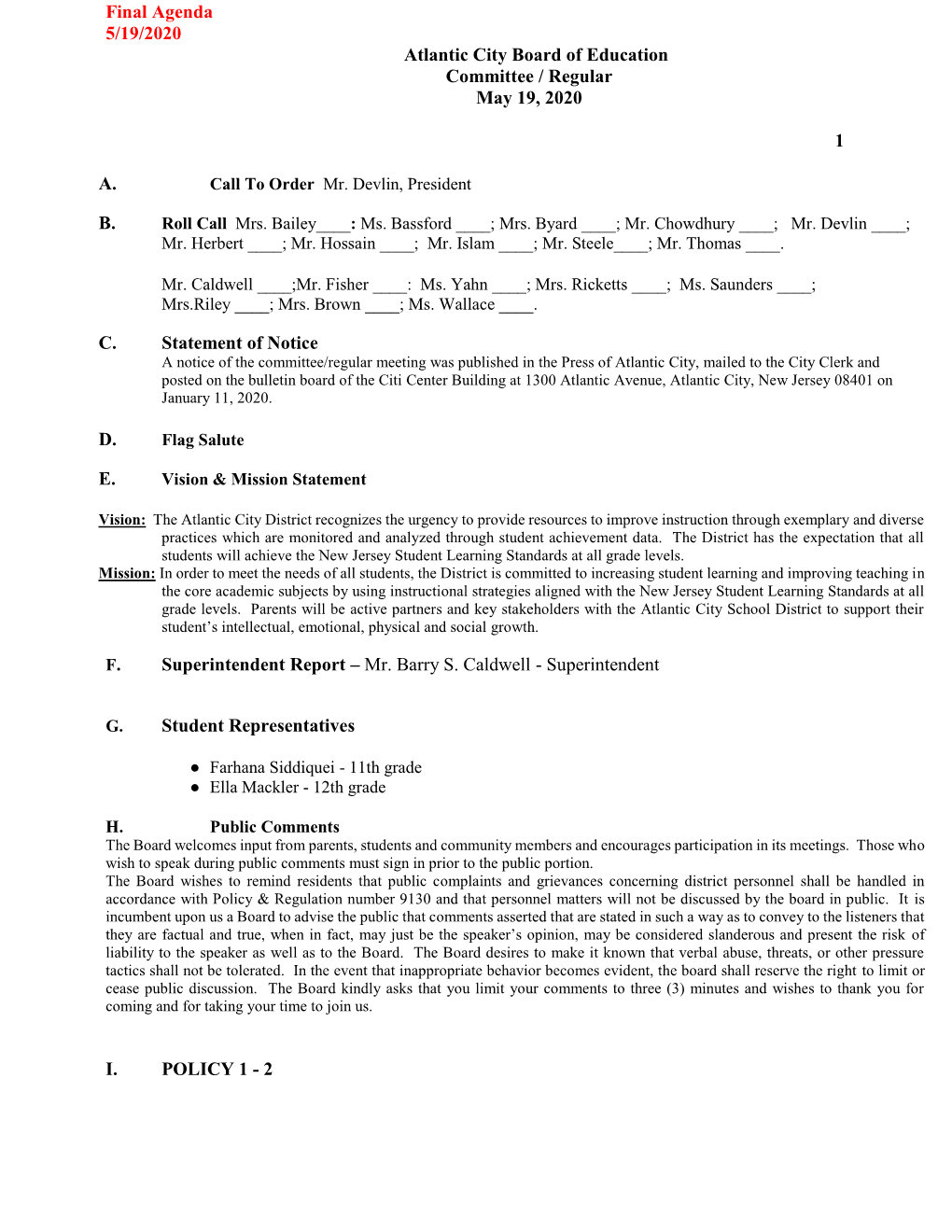 Final Agenda 5/19/2020 Atlantic City Board of Education Committee / Regular May 19, 2020 1 A. C. Statement of Notice D. E