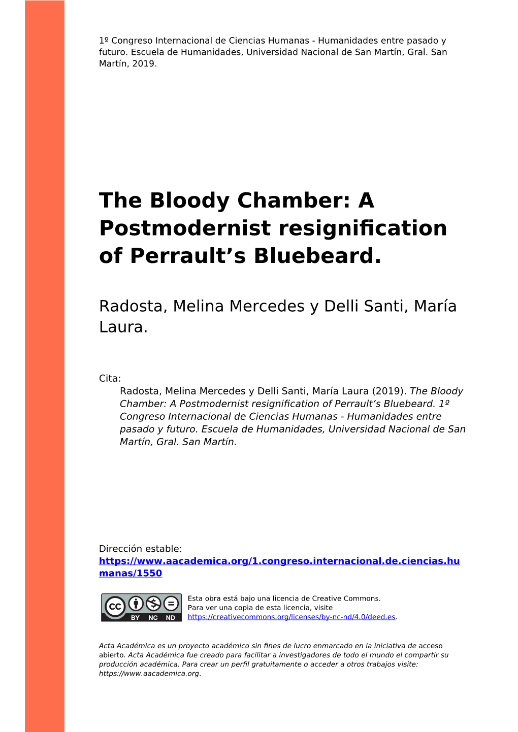 The Bloody Chamber: a Postmodernist Resignification of Perrault’S Bluebeard 1