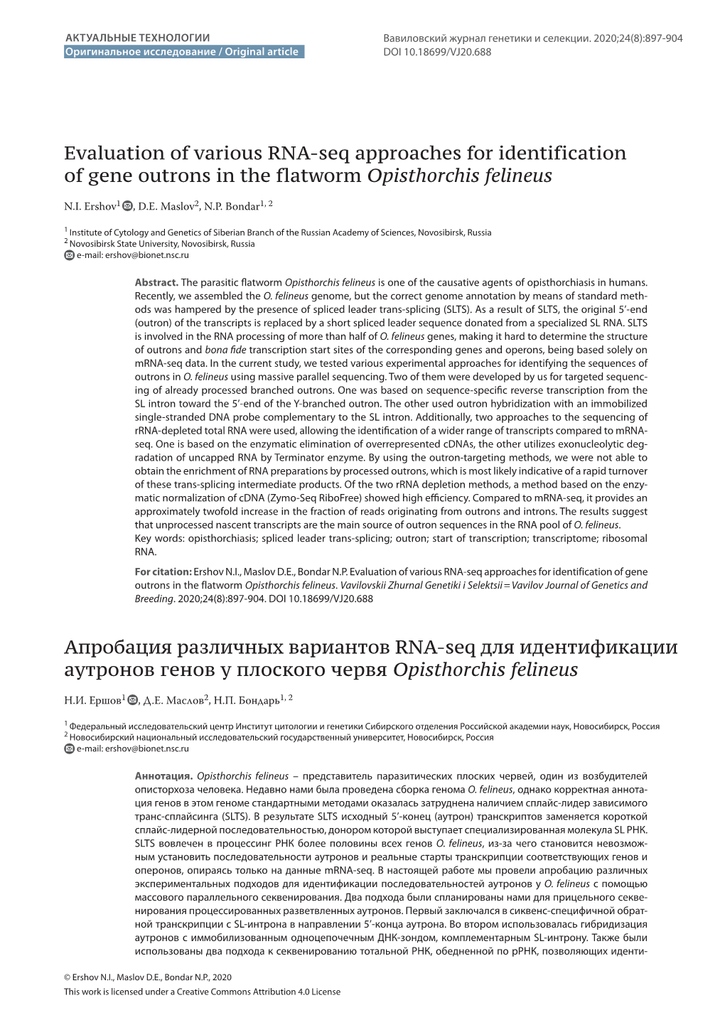 Evaluation of Various RNA-Seq Approaches for Identification of Gene Outrons in the Flatworm Opisthorchis Felineus