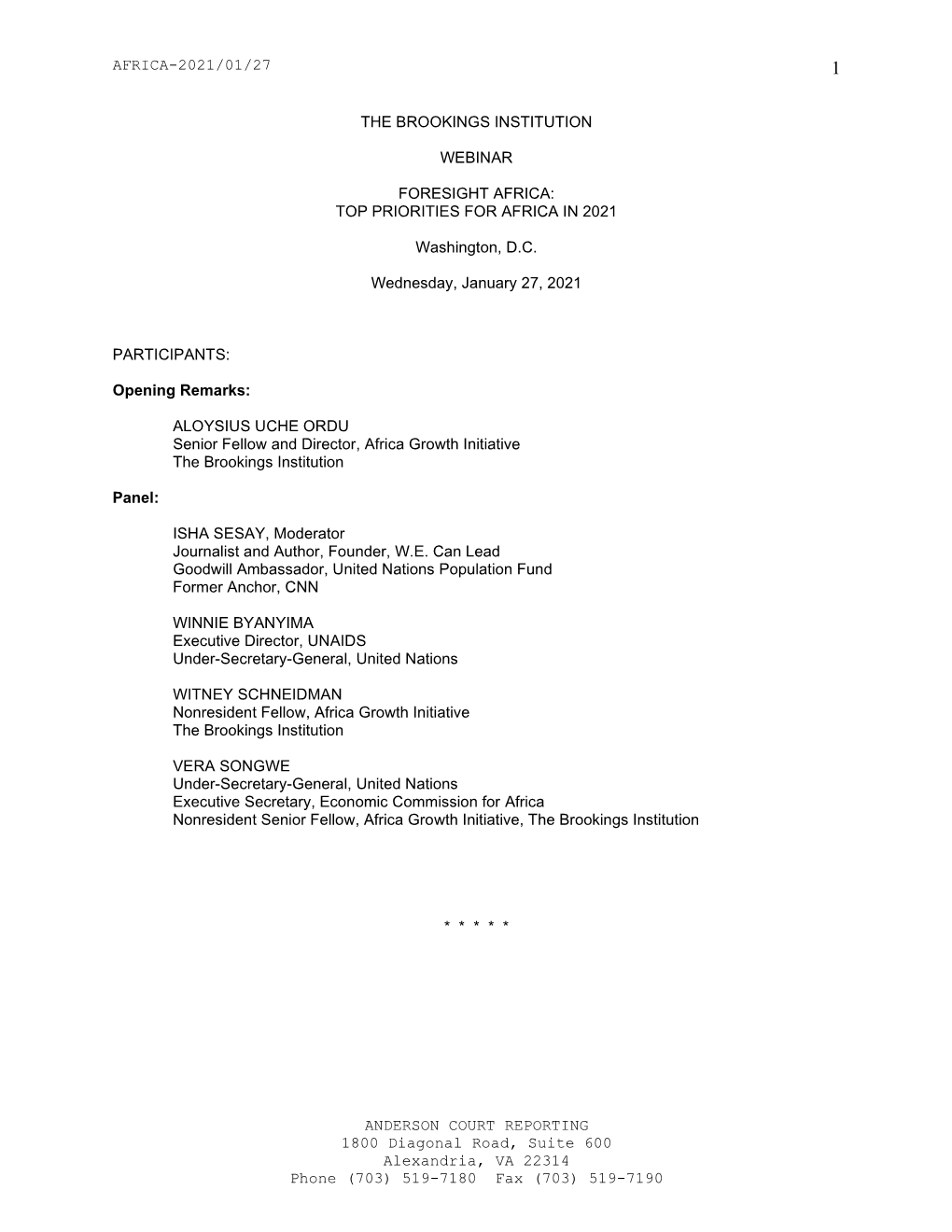 AFRICA-2021/01/27 ANDERSON COURT REPORTING 1800 Diagonal Road, Suite 600 Alexandria, VA 22314 Phone