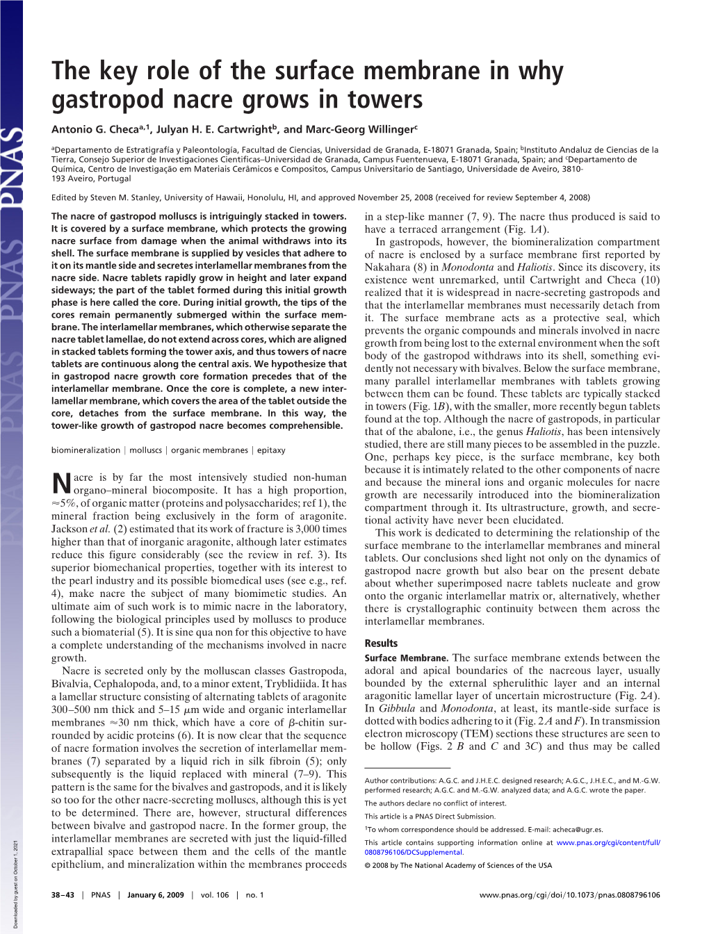 The Key Role of the Surface Membrane in Why Gastropod Nacre Grows in Towers