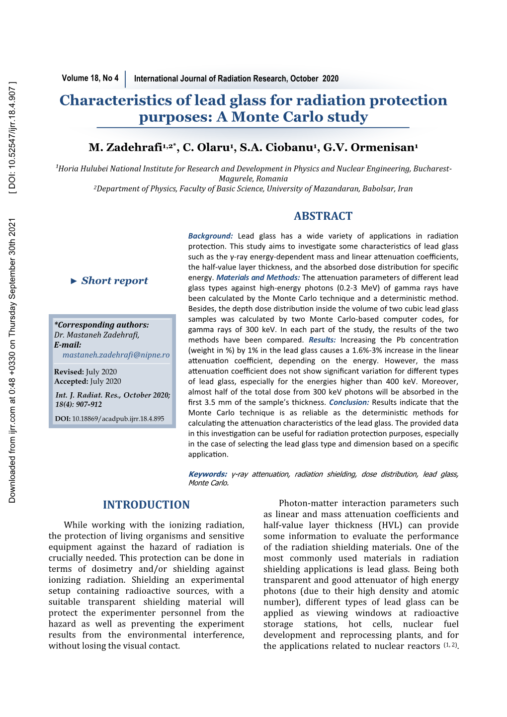 Characteristics of Lead Glass for Radiation Protection Purposes: a Monte Carlo Study