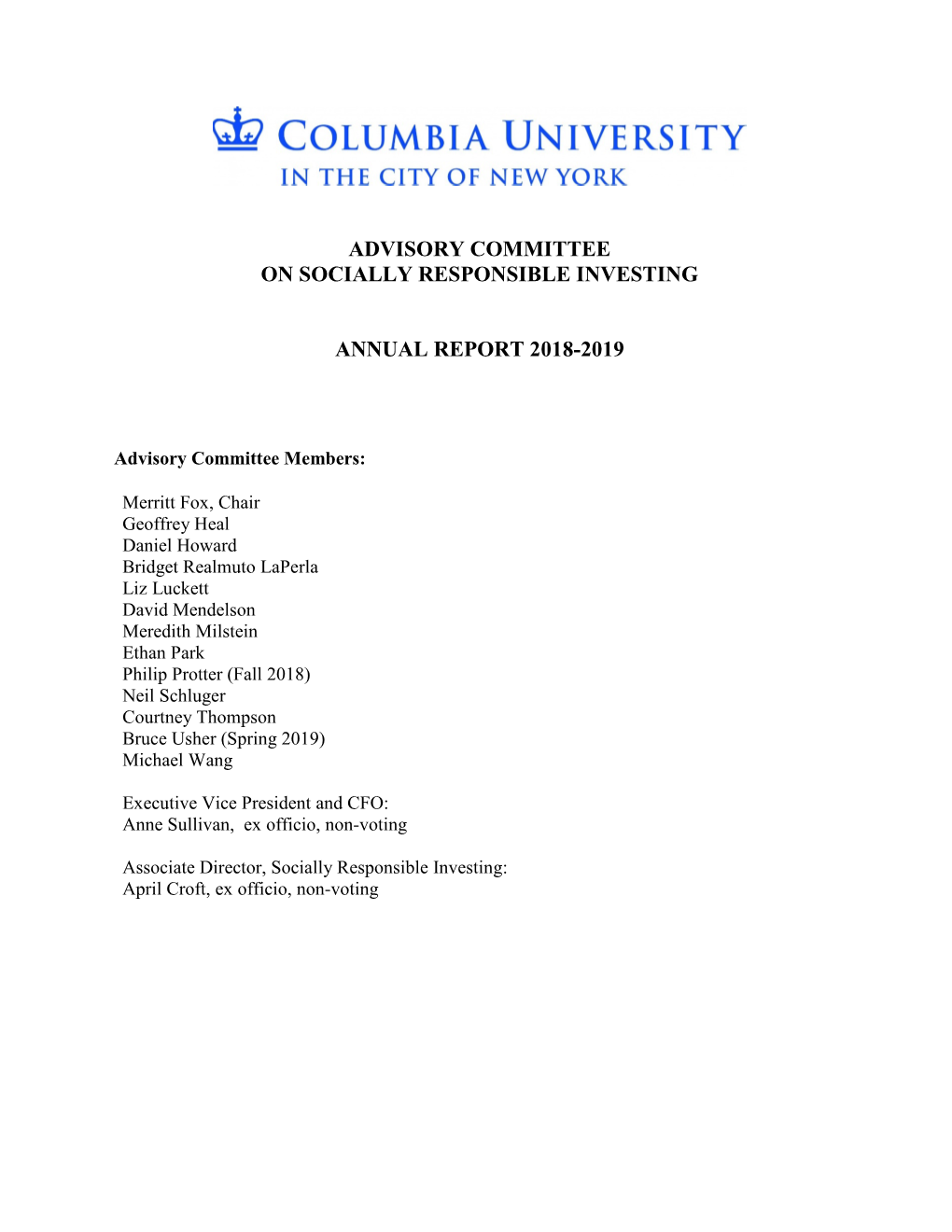Advisory Committee on Socially Responsible Investing Annual Report