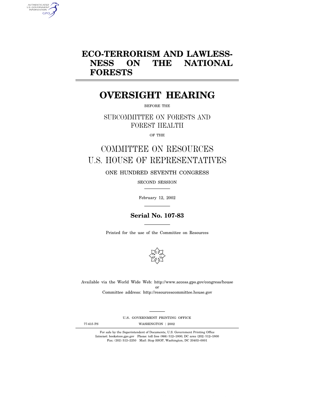 Oversight Hearing Committee on Resources U.S. House Of