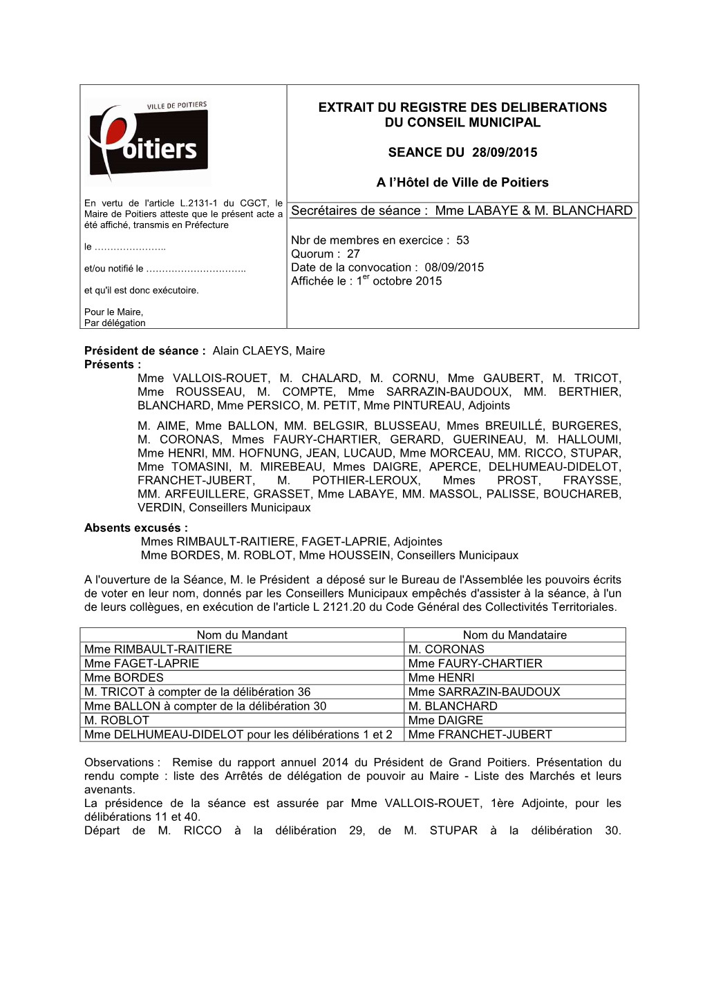 Extrait Du Registre Des Deliberations Du Conseil Municipal