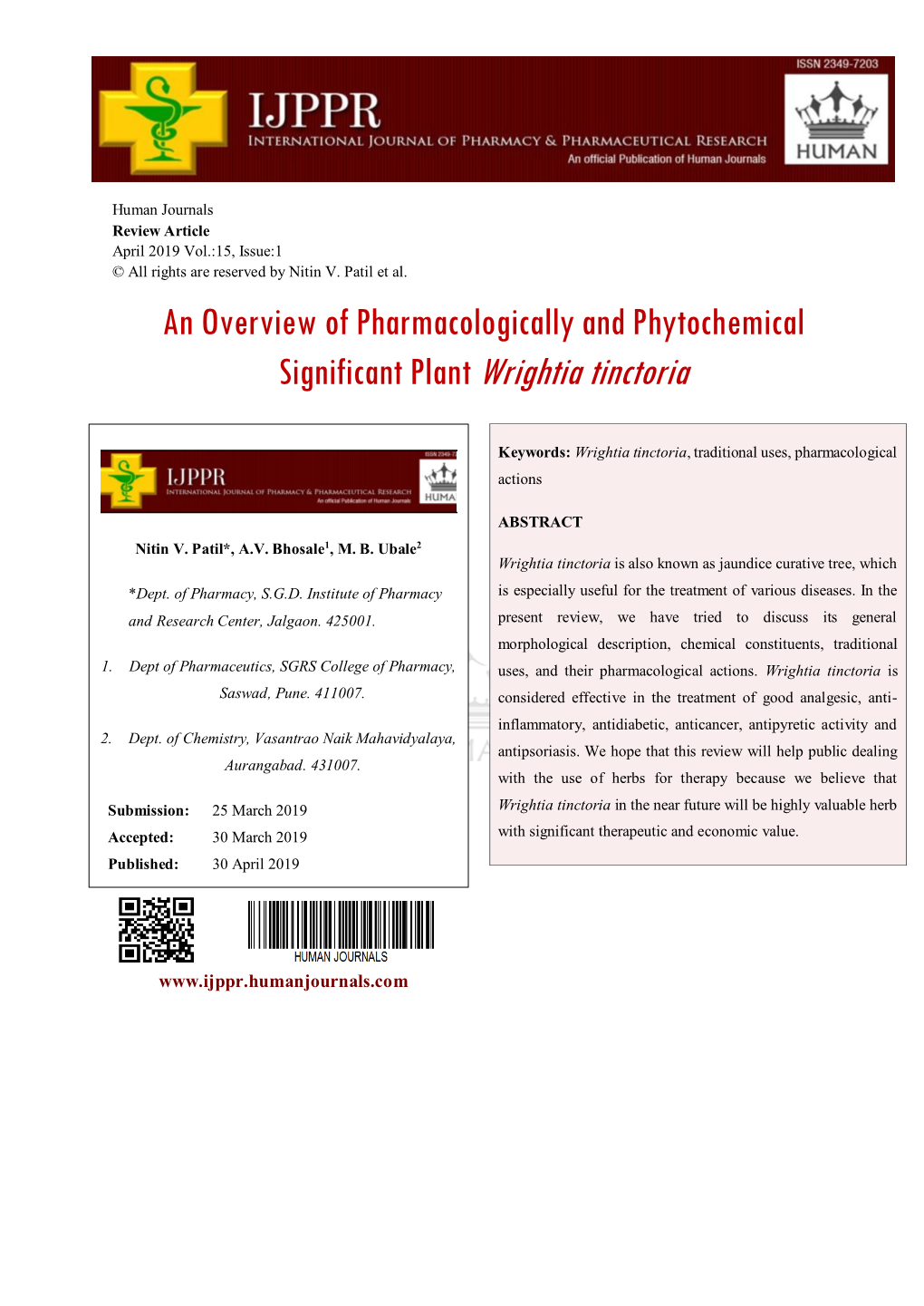 An Overview of Pharmacologically and Phytochemical Significant Plant Wrightia Tinctoria