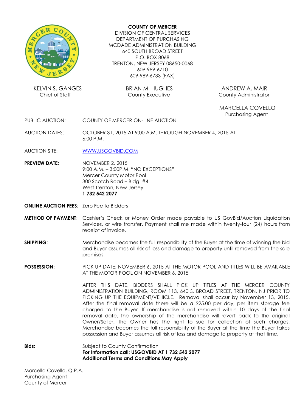 County of Mercer Division of Central Services Department of Purchasing Mcdade Administration Building 640 South Broad Street P.O