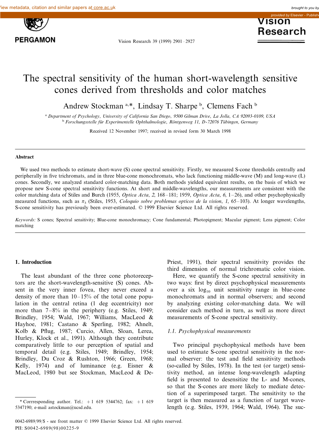 The Spectral Sensitivity of the Human Short-Wavelength Sensitive Cones Derived from Thresholds and Color Matches