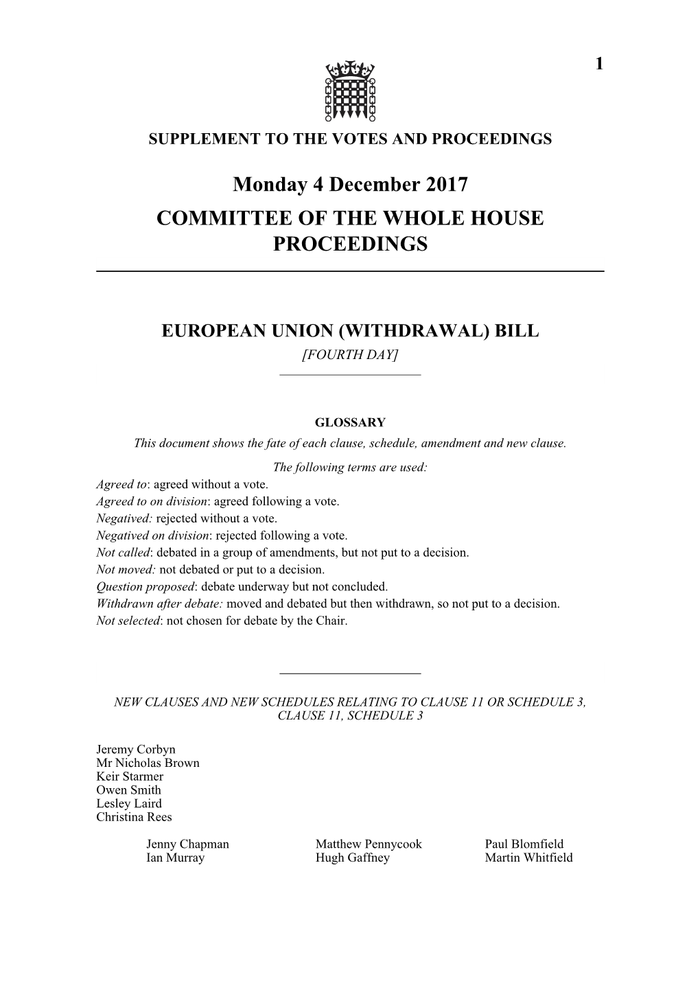 Monday 4 December 2017 COMMITTEE of the WHOLE HOUSE PROCEEDINGS