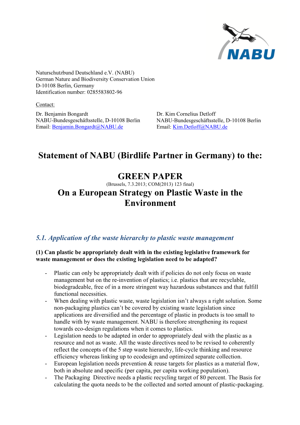 NABU-Statement Regarding EU Green Paper on Plastic Waste