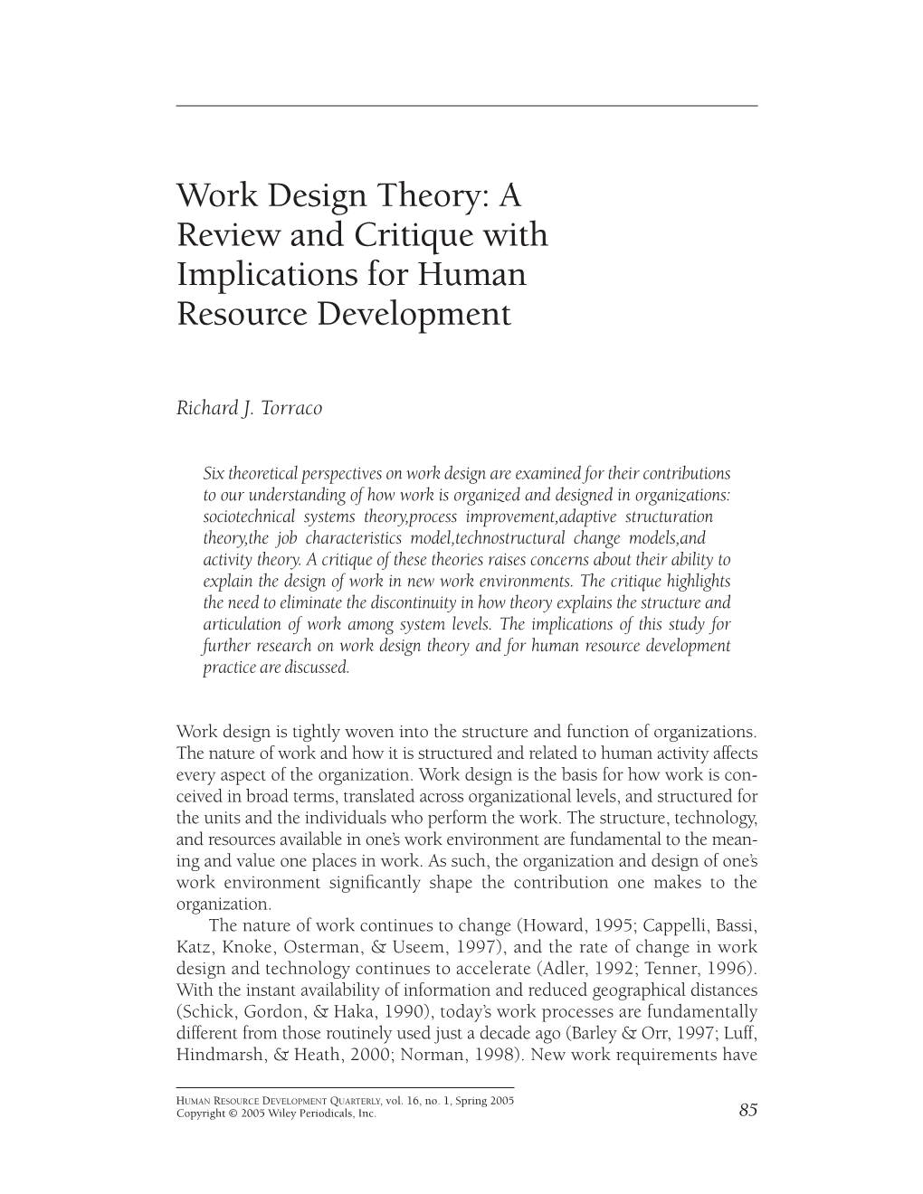 Work Design Theory: a Review and Critique with Implications for Human Resource Development