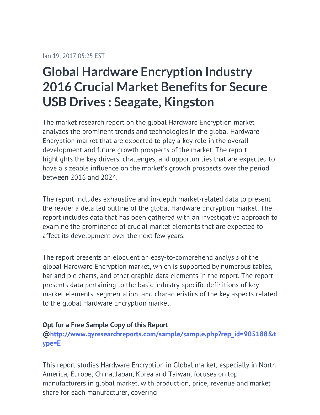 Global Hardware Encryption Industry 2016 Crucial Market Benefits for Secure USB Drives : Seagate, Kingston