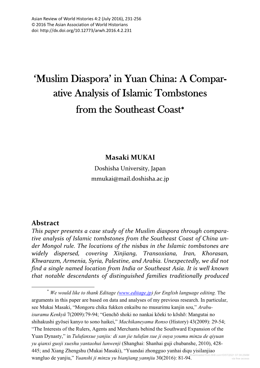 'Muslim Diaspora' in Yuan China: a Compar- Ative Analysis of Islamic Tombstones from the Southeast Coast
