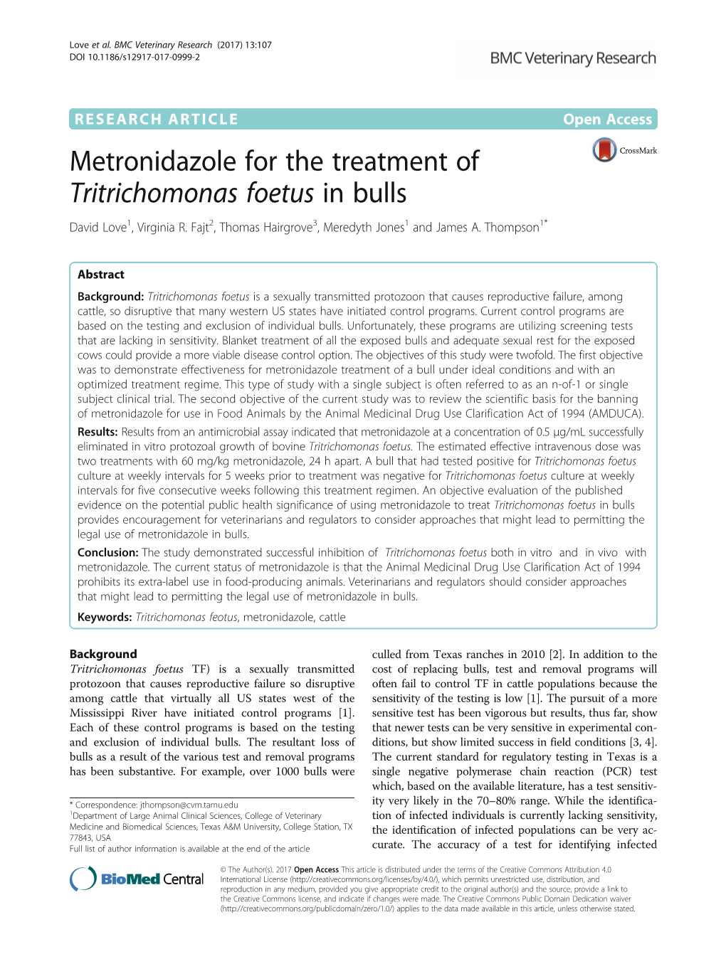 Metronidazole for the Treatment of Tritrichomonas Foetus in Bulls David Love1, Virginia R