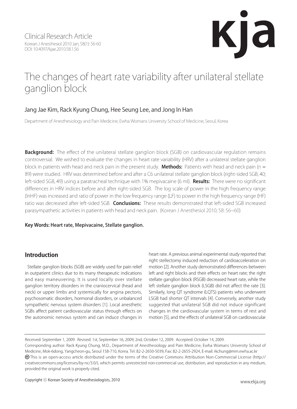 The Changes of Heart Rate Variability After Unilateral Stellate Ganglion Block