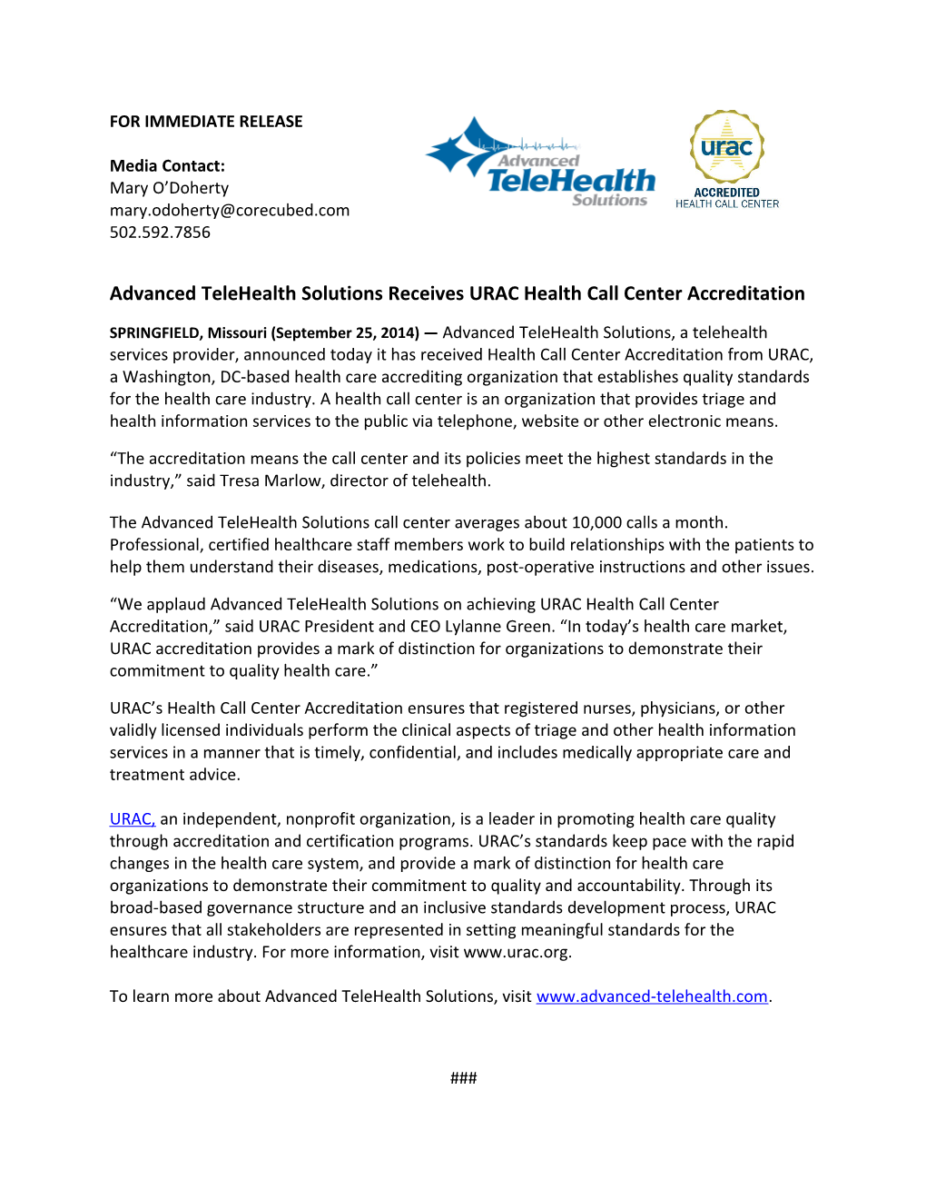 Advanced Telehealth Solutions Receives URAC Health Call Center Accreditation