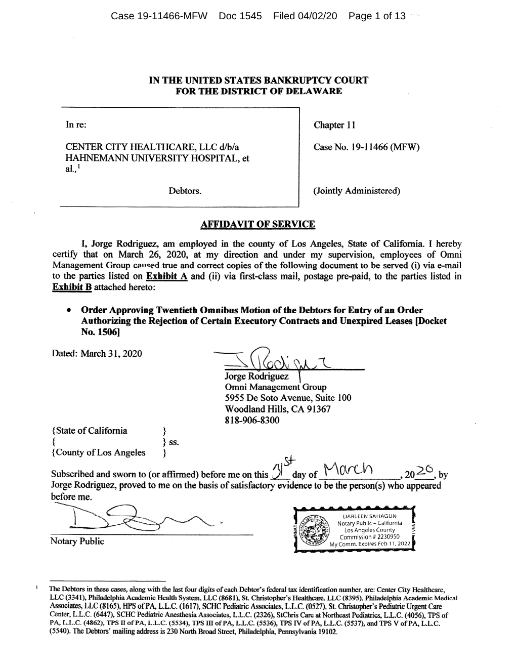 Case 19-11466-MFW Doc 1545 Filed 04/02/20 Page 1 of 13 Case 19-11466-MFW Doc 1545 Filed 04/02/20 Page 2 of 13