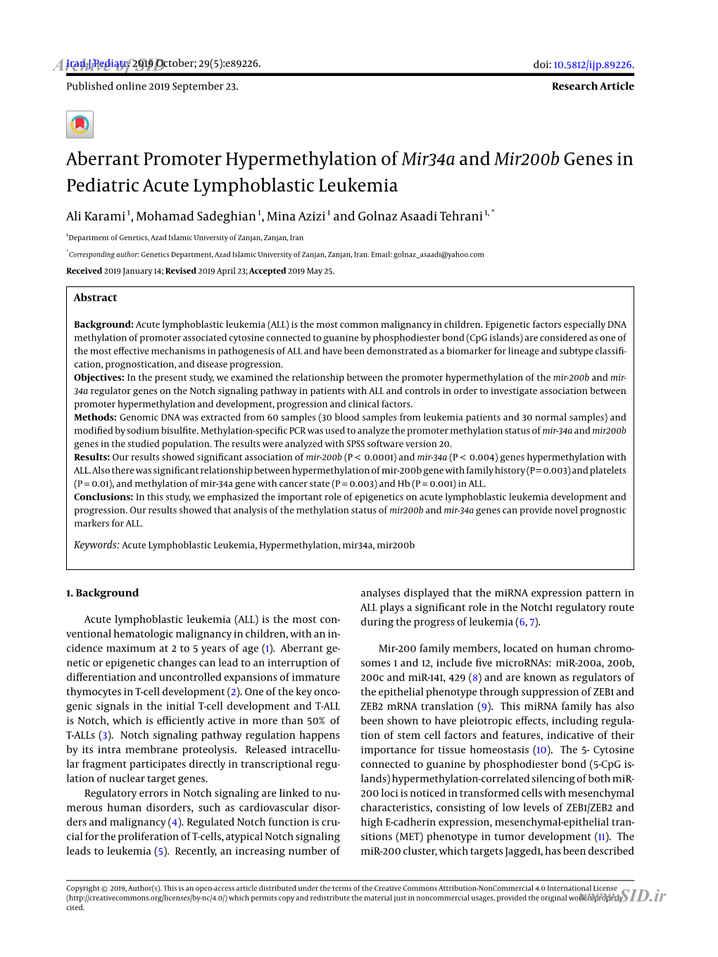 Aberrant Promoter Hypermethylation of Mir34a and Mir200b Genes in Pediatric Acute Lymphoblastic Leukemia