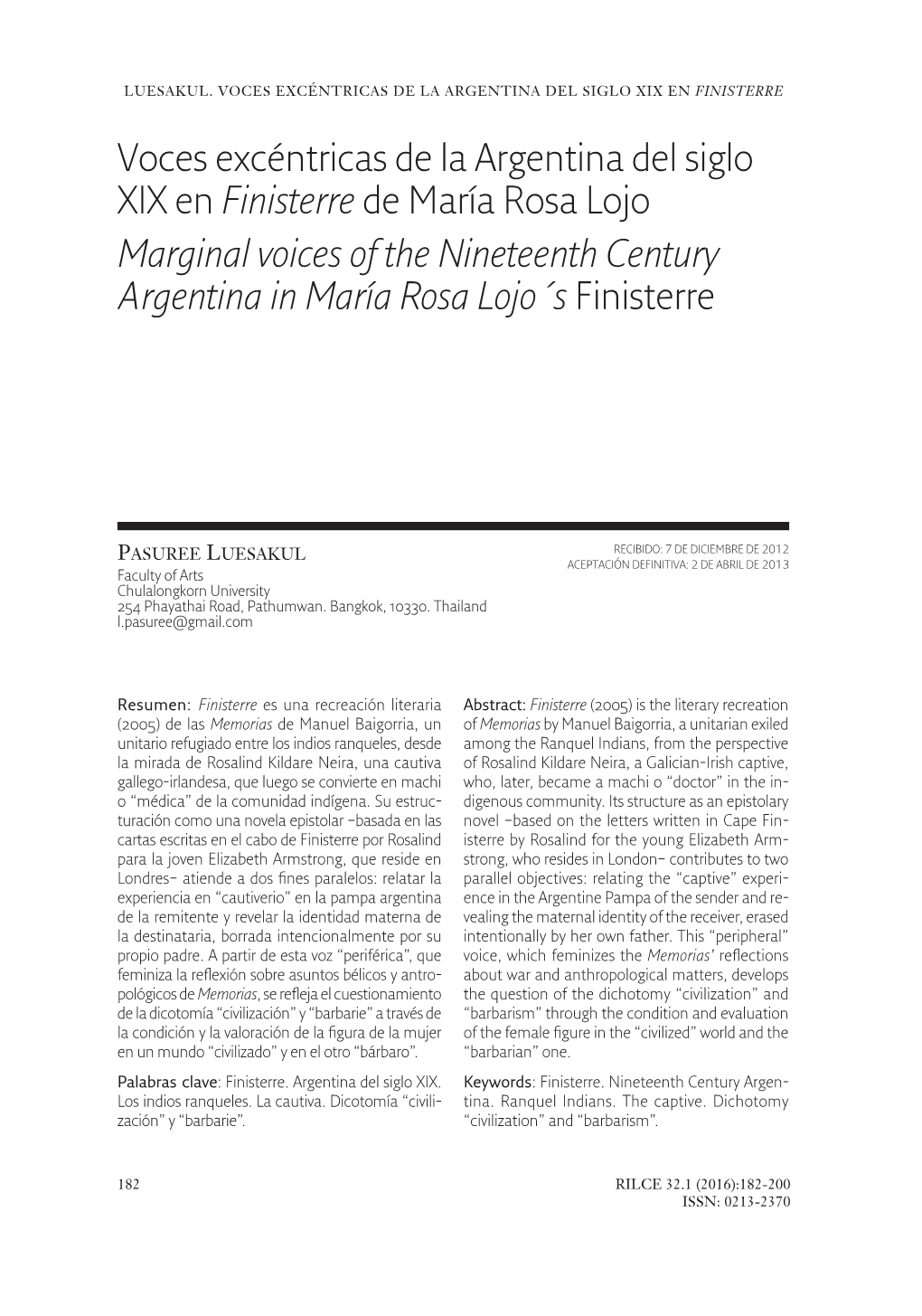 Voces Excéntricas De La Argentina Del Siglo XIX En Finisterre De María Rosa Lojo Marginal Voices of the Nineteenth Century Argentina in María Rosa Lojo´S Finisterre