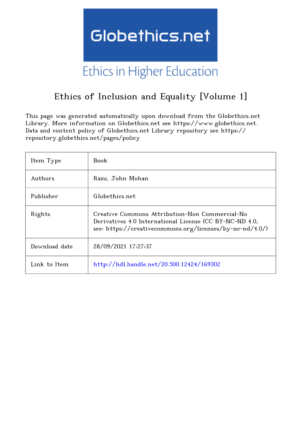 Ethics of Inclusion and Equality [Volume 1]